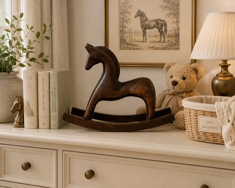 Hand Carved Wooden Rocking Horse Sculpture Dark Wood Equestrian Decor
